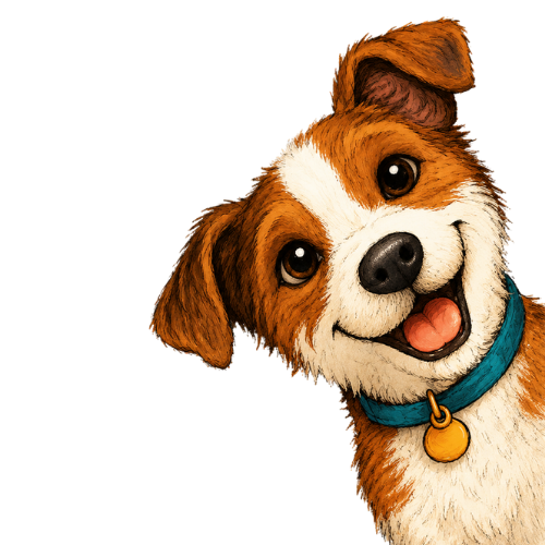 Eddie the cheerful brown and white dog peeking in from the side with his head and neck showing.