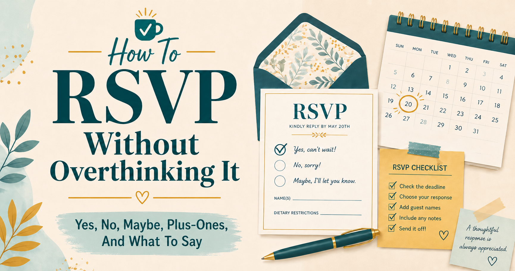 How To RSVP Without Overthinking It featured image with an RSVP card, calendar, checklist, pen, and invitation envelope