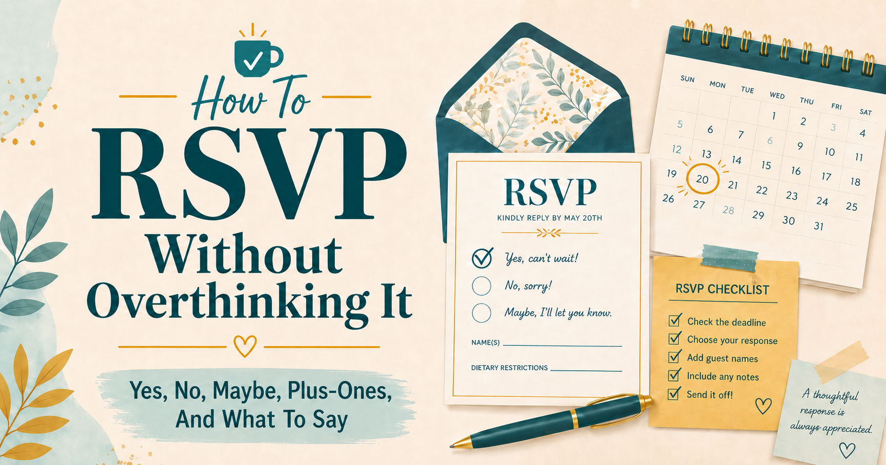 How To RSVP Without Overthinking It featured image with an RSVP card, calendar, checklist, pen, and invitation envelope