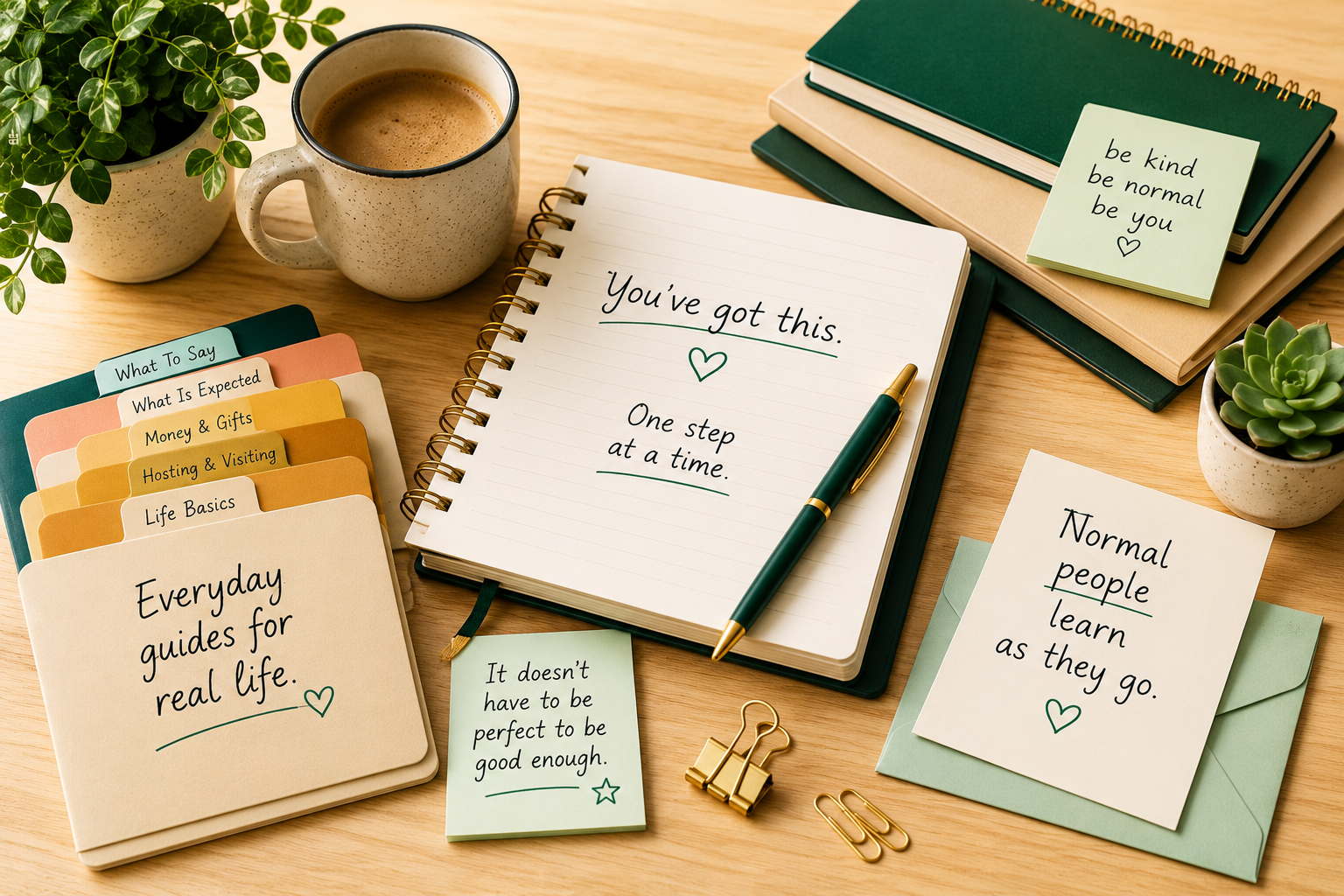 Cozy flat lay desk scene with coffee mug, notebook, pen, guide books, plant, sticky note, and everyday guide cards for The Normal Person Guide
