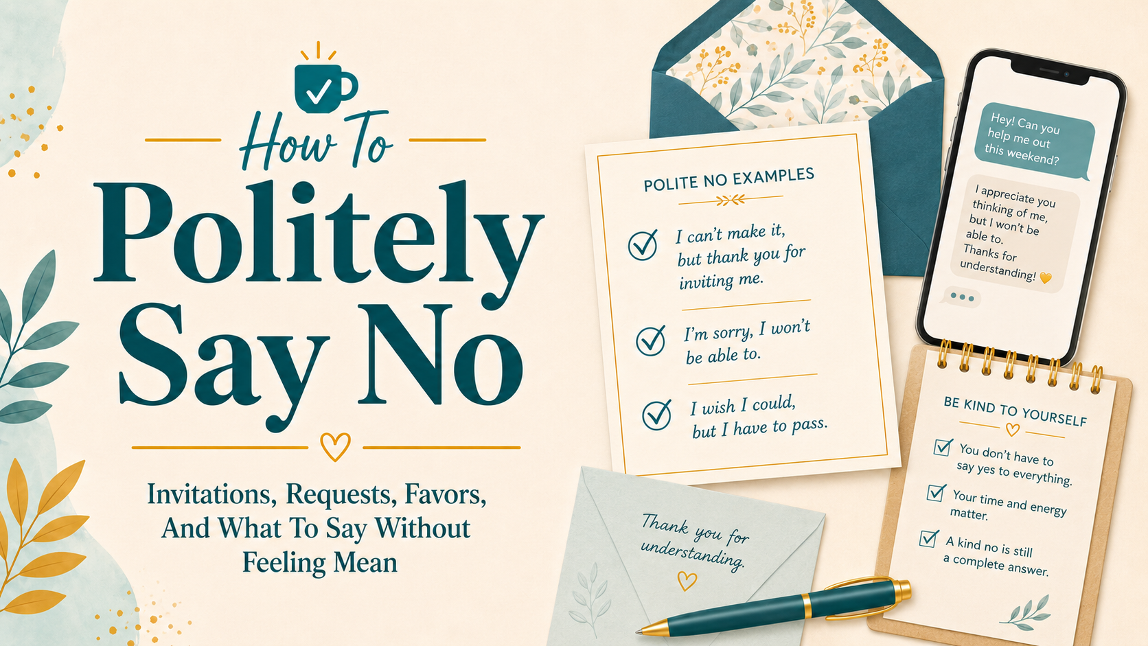 How To Politely Say No featured image with The Normal Person Guide favicon, polite no examples, text message, envelope, checklist, and pen