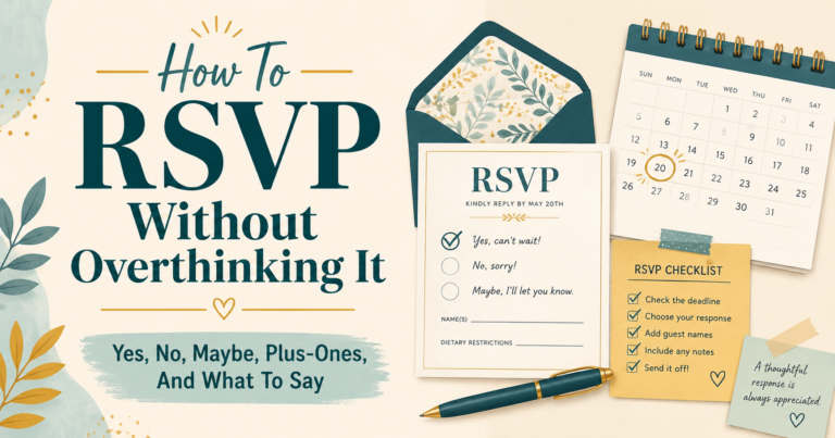 How To RSVP Without Overthinking It featured image with an RSVP card, calendar, checklist, pen, and invitation envelope