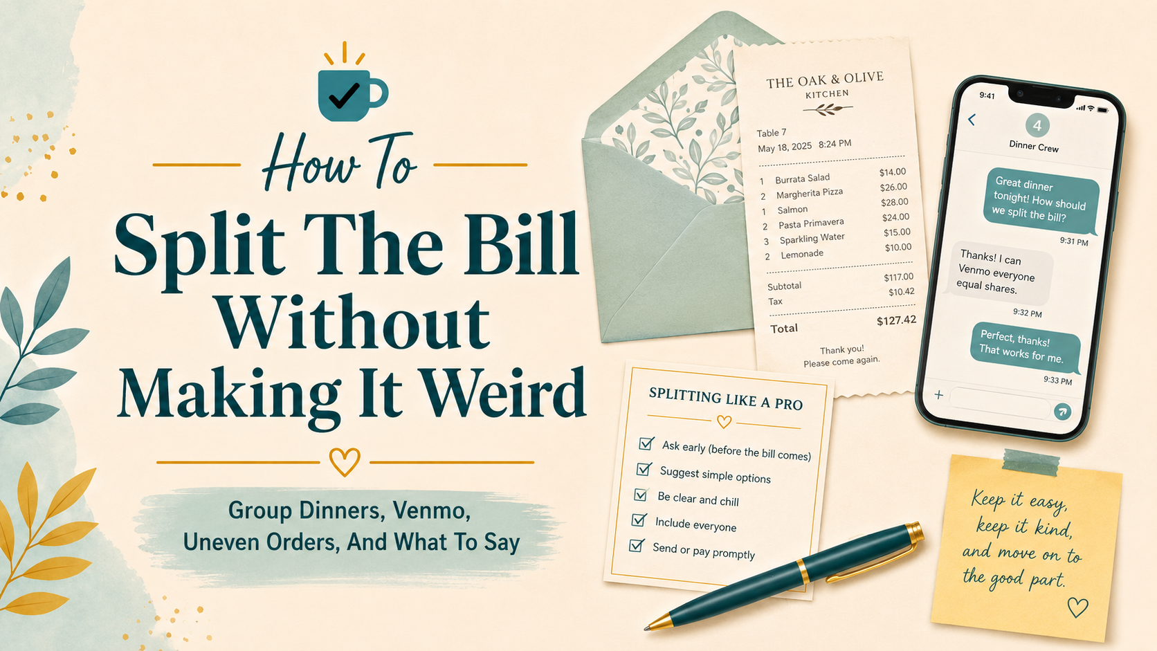 How To Split The Bill Without Making It Weird featured image with The Normal Person Guide favicon, restaurant receipt, phone message, envelope, checklist, sticky note, and pen
