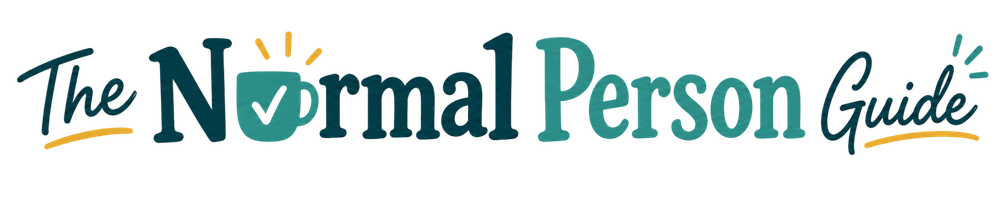 The Normal Person Guide logo with playful teal wordmark and a coffee mug checkmark icon
