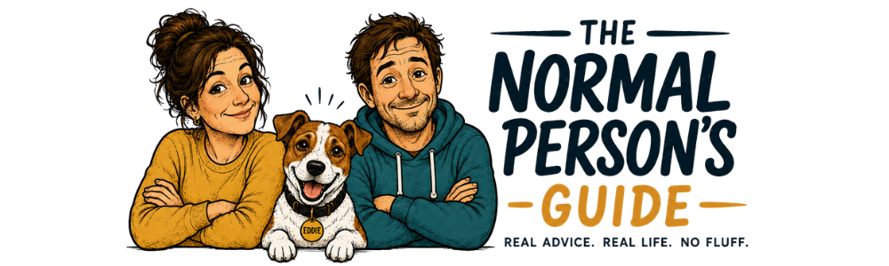 The Normal Person’s Guide logo featuring Norm, Nora, and Eddie the Jack Russell with the tagline Real Advice. Real Life. No Fluff.