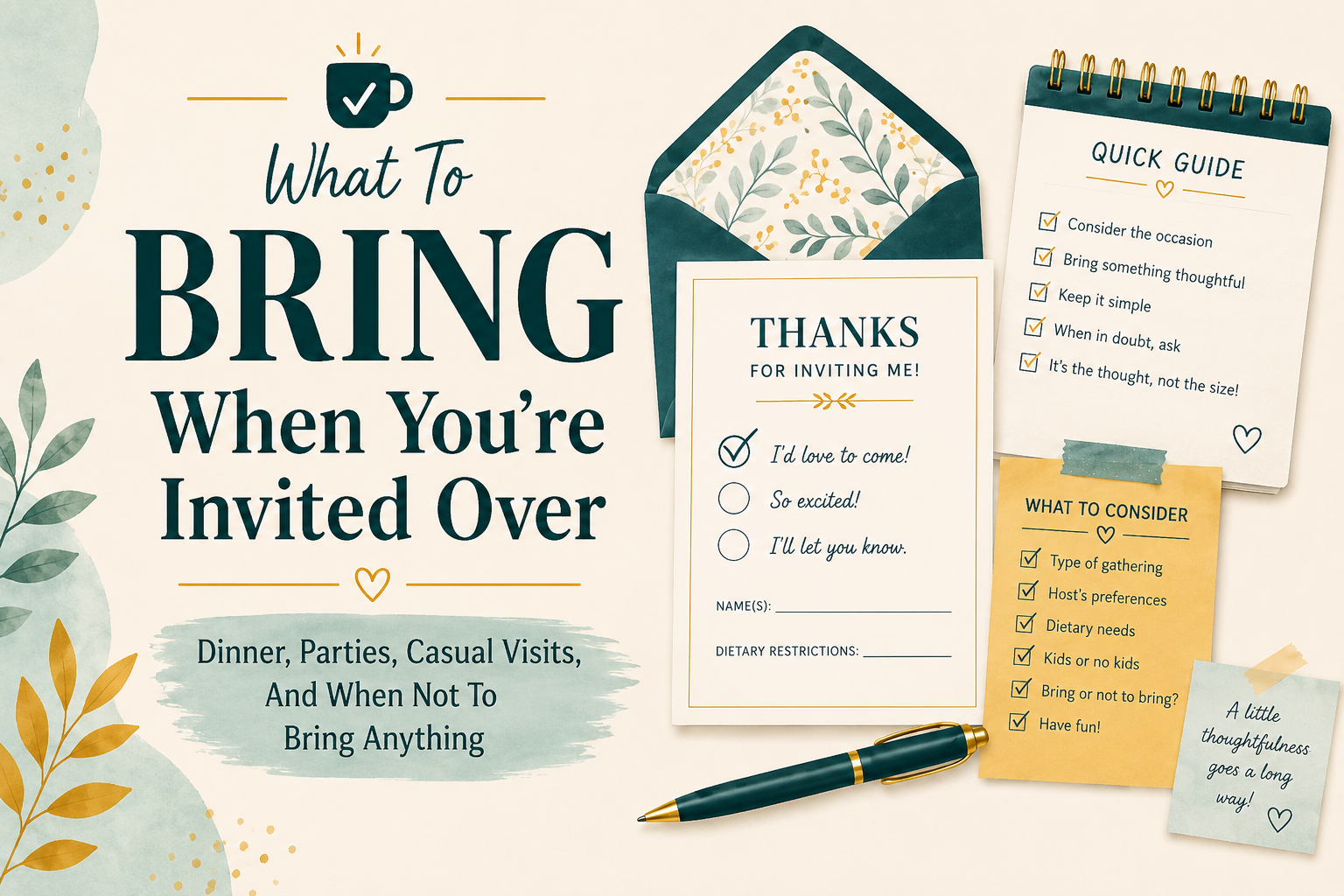 What To Bring When You’re Invited Over featured image with The Normal Person Guide favicon, invitation card, checklist, envelope, pen, and guest gift prompts