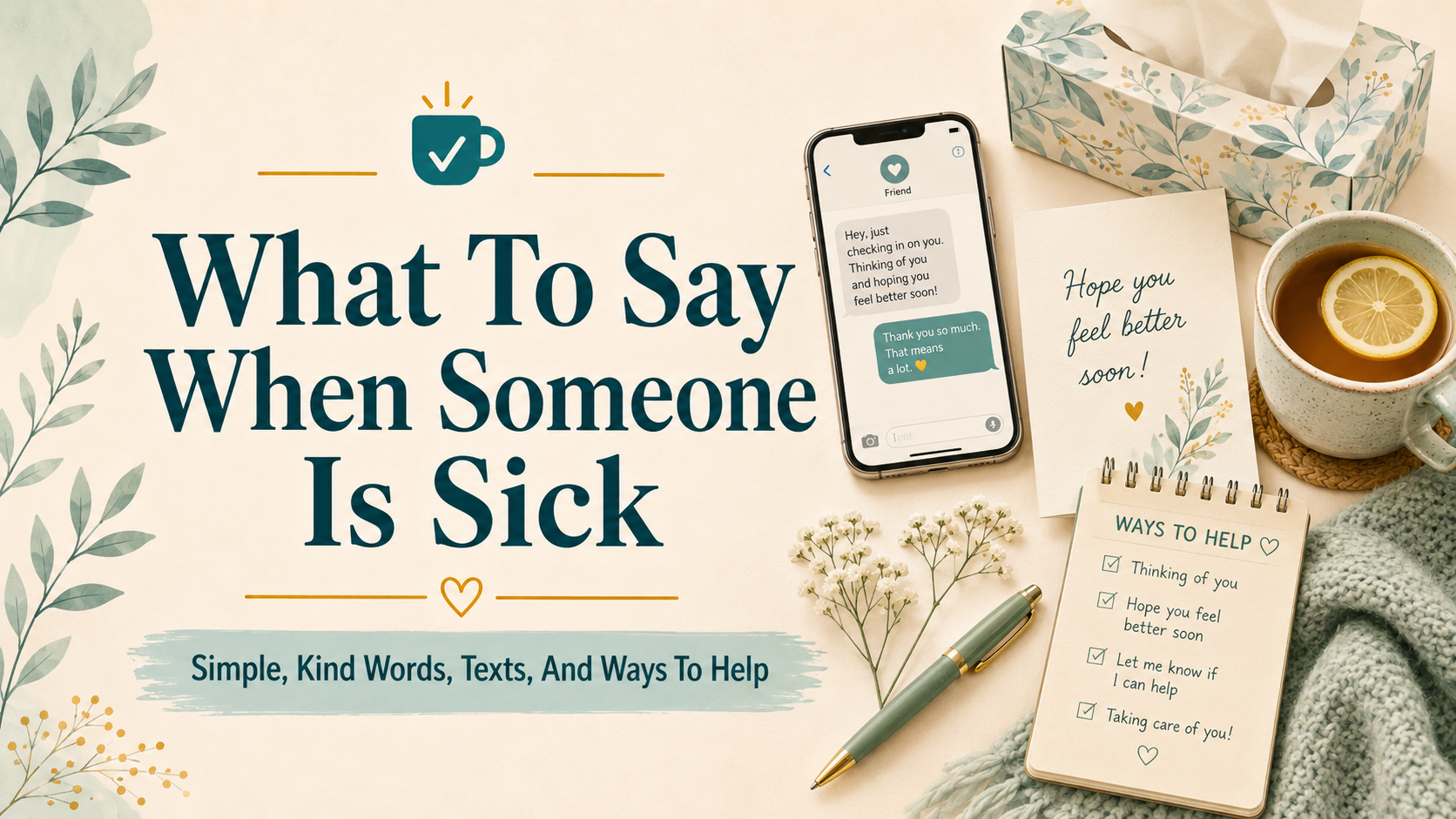 What To Say When Someone Is Sick featured image with The Normal Person Guide favicon, phone message, tea, tissues, flowers, note card, pen, and ways to help checklist