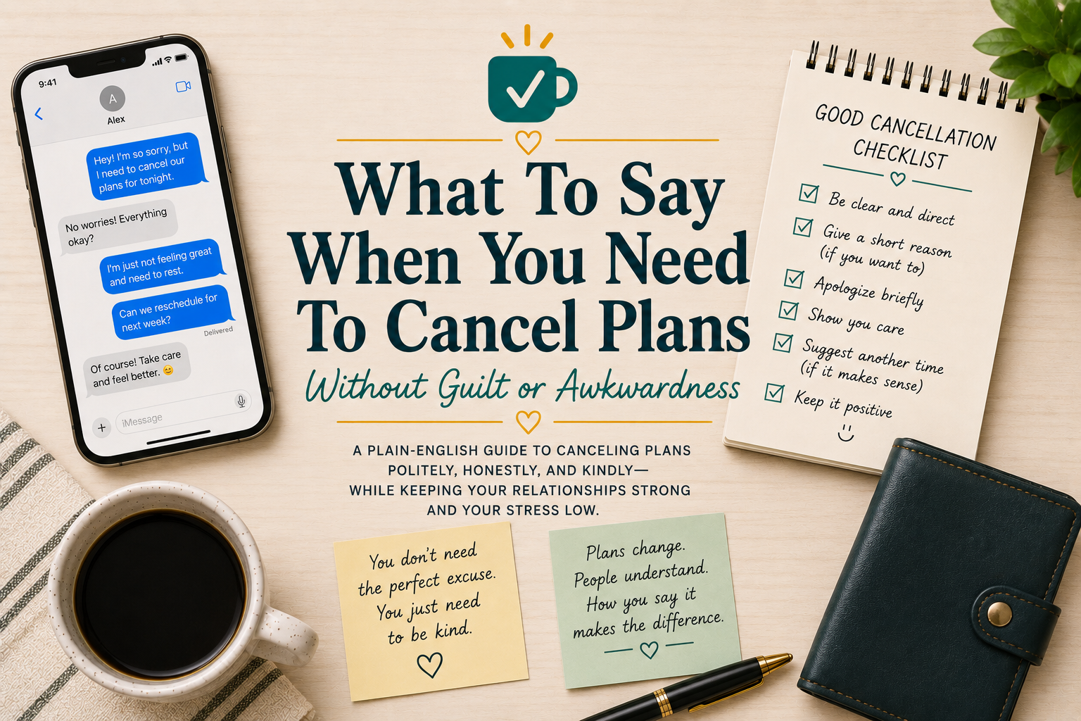 What To Say When You Need To Cancel Plans featured image with The Normal Person Guide favicon, phone message, cancellation checklist, sticky notes, coffee cup, wallet, and pen