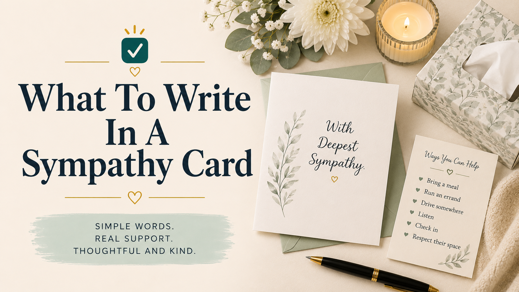 What To Write In A Sympathy Card featured image with sympathy card, envelope, candle, tissues, white flowers, pen, and ways to help note card