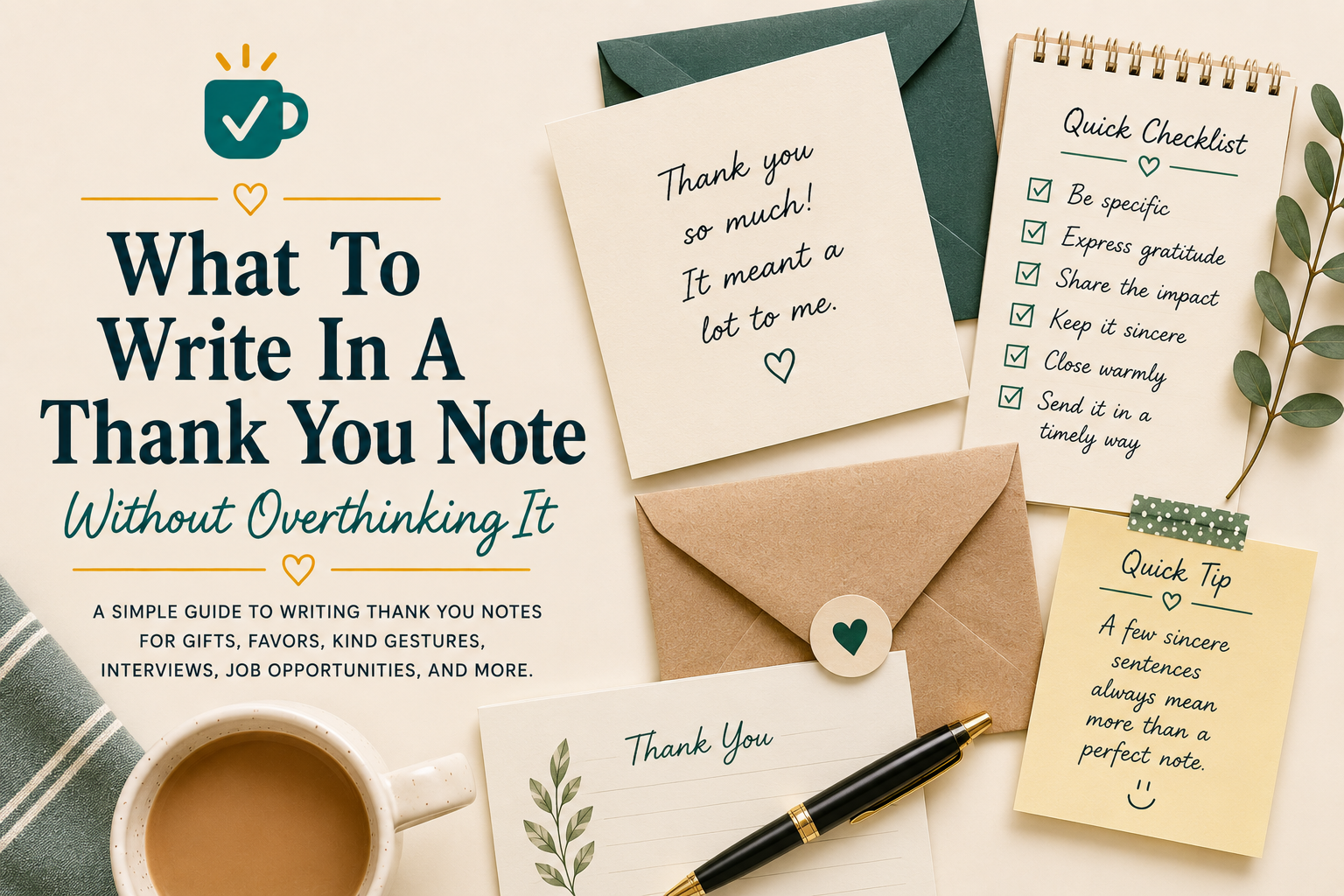 What To Write In A Thank You Note featured image with The Normal Person Guide favicon, thank you card, envelope, checklist, sticky note, coffee cup, and pen